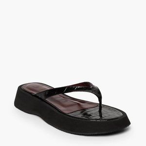 $330 STAUD Tessa Croc-Embossed Leather Platform Thong Sandals BLACK 36  (ME2)